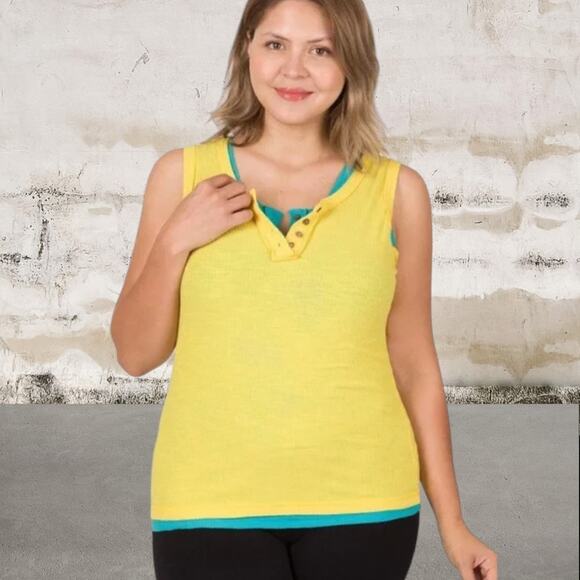 Zenana NEW Ribbed Henley Tank in Yellow-Size Large - Picture 1 of 5